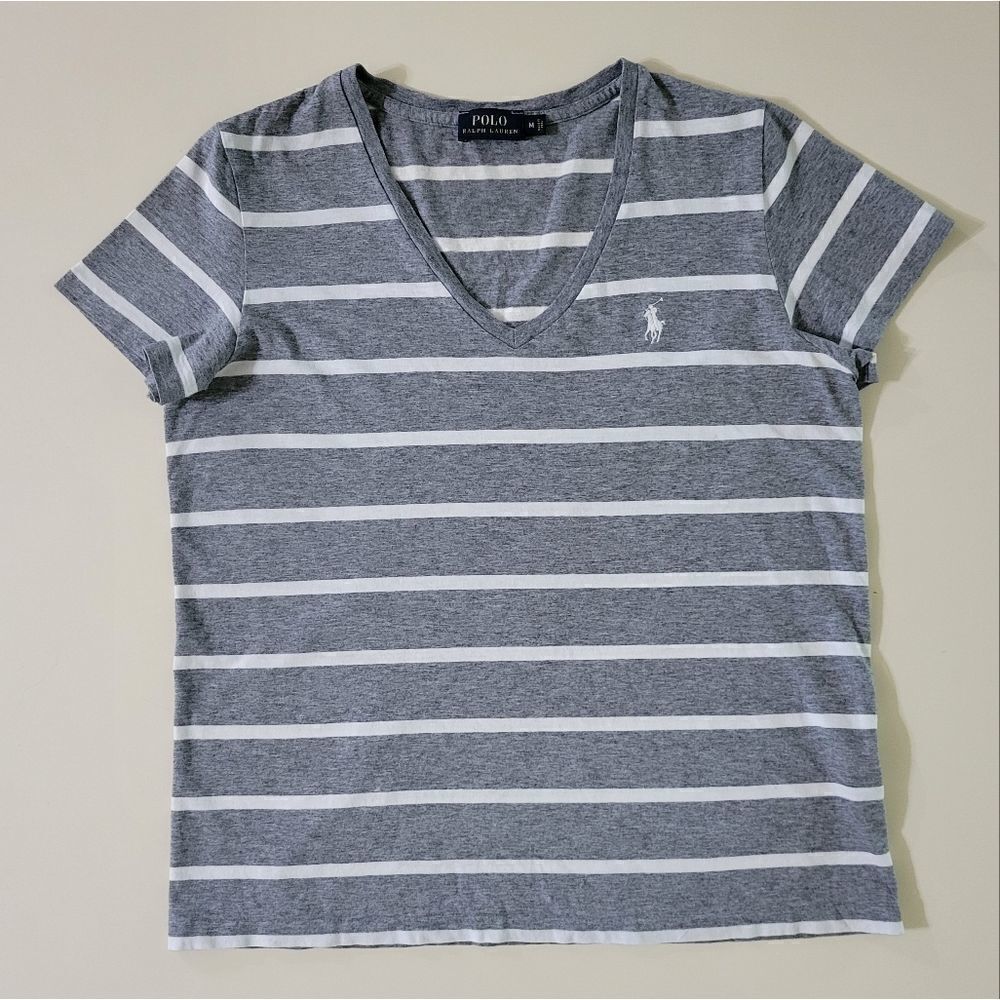 Polo by Ralph Lauren Women's Short Sleeve Gray and White Stripe V-neck Top